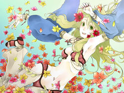  alternate_color arm_up armpits bikini black_footwear blue_sleeves blush bracelet breasts brown_pants commentary_request detached_sleeves female flower full_body gem green_hair gypsy_(ragnarok_online) hair_between_eyes hair_flower hair_ornament jewelry long_hair looking_at_viewer medium_breasts navel necklace open_mouth orange_flower pants pink_flower ragnarok_online red_bikini red_flower sandals smile solo strapless strapless_bikini swimsuit yellow_flower yutsuki 