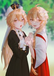  2boys absurdres aether_(genshin_impact) bangs blonde_hair blush braid clone dual_persona earrings eyebrows_visible_through_hair genshin_impact hair_between_eyes hair_ornament highres japanese_clothes jewelry long_hair long_sleeves male_focus multiple_boys open_mouth oxygen simple_background smile yellow_eyes 