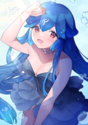  :d arm_up bao_(vtuber) bao_(vtuber)_(1st_costume) bare_arms bare_shoulders blue_hair blurry breasts collarbone commission depth_of_field dress female fingernails grey_dress indie_virtual_youtuber looking_at_viewer lower_teeth_only medium_breasts open_mouth red_eyes shiguri signature skeb_commission skindentation smile solo strapless strapless_dress teeth upper_body virtual_youtuber water_drop 