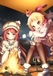  2girls azur_lane black_ribbon blonde_hair blue_skirt blush boots brown_pantyhose campfire camping camping_chair coat commission crown_hair_ornament earmuffs earrings food forest fur-trimmed_boots fur_trim grass hat highres holding jenkins_(azur_lane) jersey_(azur_lane) jewelry log long_hair marshmallow mountain multiple_girls n2midori nature night night_sky open_mouth pantyhose red_eyes red_hair red_ribbon ribbon saliva scarf skeb_commission skirt sky smile tent twintails warming_hands wavy_hair white_pantyhose winter_clothes winter_coat yellow_eyes yurucamp 