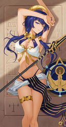  absurdres alternate_costume armpits arms_up bare_arms bare_shoulders blue_eyes blue_hair breasts candace_(genshin_impact) cleavage crop_top diechong feet_out_of_frame female genshin_impact heterochromia highres jewelry large_breasts loincloth long_hair low_twintails midriff navel neck_ring parted_lips shield solo staff_of_the_scarlet_sands_(genshin_impact) stomach thighlet thighs twintails yellow_eyes 