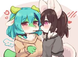  anthro big_ears black_hair blue_hair blush breasts brown_hair canid canine clothed clothing dragon duo eating eigetsu feathered_wings feathers female female/female food fur furred_dragon furred_scalie green_body green_fur hair half-closed_eyes half-length_portrait heart_symbol horn kemono mammal multicolored_body multicolored_fur mythological_creature mythological_scalie mythology narrowed_eyes object_in_mouth pictographics pocky pocky_and_pretz_day pocky_game portrait purple_eyes red_eyes scalie shirt simple_background sweater teal_hair topwear two_tone_body two_tone_fur white_body white_fur wings 