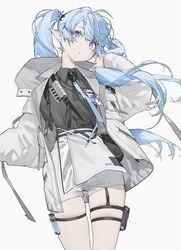  :o aqua_necktie asymmetrical_bangs bag belt black_belt black_shirt blue_eyes blue_hair buttons collared_shirt commentary fanny_pack female from_below grey_background highres holding holding_own_hair jacket kaoruko_(unkrk55) long_hair looking_at_viewer miniskirt necktie original parted_lips pointy_ears shirt shirt_tucked_in simple_background skirt solo standing streetwear symbol-only_commentary thigh_strap twintails vial white_jacket white_skirt 