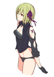  black_gloves black_panties blonde_hair bow bow_panties breasts butterfly_tattoo cleavage cropped_legs female gloves hair_ribbon kurowa orange_eyes panties purple_ribbon ribbon sheri short_hair simple_background small_breasts solo tattoo underwear unlight white_background 