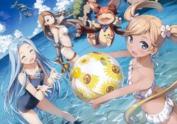  3girls :d ^_^ absurdres aircraft airship arm_up ass ball beachball belt bikini bikini_skirt blue_eyes blue_one-piece_swimsuit breasts brown_eyes closed_eyes day earrings flower gauntlets granblue_fantasy grancypher_(granblue_fantasy) hair_flower hair_ornament highres io_(granblue_fantasy) io_(summer)_(granblue_fantasy) jewelry kantoku katalina_(granblue_fantasy) light_brown_hair long_hair lyria_(granblue_fantasy) medium_breasts multiple_girls official_alternate_costume one-piece_swimsuit open_mouth outdoors scan small_breasts smile strap_gap swimsuit sword thigh_strap very_long_hair vyrn_(granblue_fantasy) wading weapon white_bikini 