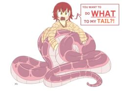  alpha_channel animal_humanoid apode clothing dialogue draconcopode english_text female fluffyxai humanoid lamia legless looking_at_viewer monster_girl_(genre) question reptile scalie serpentine shirt simple_background snake solo speech_bubble split_form text topwear transparent_background 