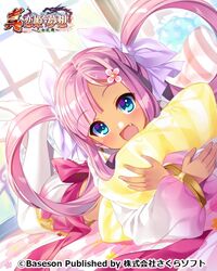  blue_eyes bucchake_(asami) commentary_request crop_top female hair_ornament hairclip hug hugging_object koihime_musou legs_up long_hair looking_at_viewer lying midriff miniskirt oerba_yun_fang on_stomach open_mouth pillow pillow_hug pink_hair pink_shirt pink_skirt ribbon shirt skirt smile solo sonshoukou thighhighs twintails very_long_hair white_thighhighs window 