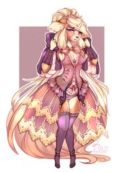  anthro belletrist blush bustle clothing corset deer equid equine female fur gown horn hybrid legwear lingerie mammal mythological_creature mythological_equine mythology pacevanrign purple_eyes shy simple_background solo spots stockings tan_body tan_fur topwear unicorn 