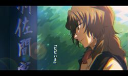  1boy brown_eyes brown_hair commentary_request grave graveyard haru_sakurazaki kasugai_koyo letterboxed long_hair male_focus solo soukyuu_no_fafner spoilers tombstone translation_request uniform 