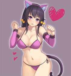  animal_ears beatmania_iidx bell bikini black_hair blush breasts cat_ears cleavage collarbone commentary_request cowboy_shot d: detached_sleeves fake_animal_ears female grey_background hair_bell hair_ornament hair_ribbon halterneck heart heart_background km_(km517) lace-trimmed_sleeves lace_trim large_breasts long_sleeves open_mouth outline paw_pose photoshop_(medium) purple_bikini purple_eyes ribbon ribbon-trimmed_sleeves ribbon_trim side-tie_bikini_bottom skindentation solo sweat swimsuit tail umegiri_hifumi 