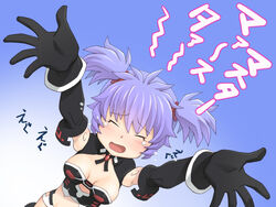  :o altines black_gloves blue_background blue_hair blush breasts brooch busou_shinki cleavage cleavage_cutout closed_eyes clothing_cutout commentary_request detached_sleeves dutch_angle female flying_teardrops gloves gradient_background jewelry meow_(nekodenki) midriff open_mouth outstretched_arms scrunchie short_hair short_twintails small_breasts solo tears translated twintails 