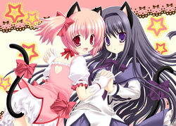  2girls akemi_homura akemi_homura_(magical_girl) animal_ears black_hair bow cat_ears cat_tail hairband holding_hands interlocked_fingers kaname_madoka kaname_madoka_(magical_girl) laughing long_hair magical_girl mahou_shoujo_madoka_magica mahou_shoujo_madoka_magica_(anime) multiple_girls nekoneko photoshop_(medium) pink_eyes pink_hair short_hair tail tail_bow tail_ornament twintails yuri 