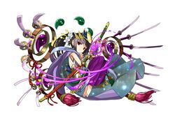  adachi_yousuke androgynous bad_link barefoot flower full_body gender_request headpiece japanese_clothes katana lily_(flower) long_hair magatama official_art ponytail purple_hair puzzle_&amp;_dragons red_eyes simple_background solo sword weapon white_background yomi_(p&amp;d) 