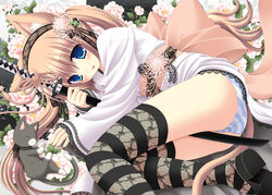  animal_ears bad_id blue_eyes blush brown_hair cat_ears cat_tail commentary_request feline female fishnet_thighhighs fishnets flower hair_flower hair_ornament japanese_clothes katana kimono long_hair looking_at_viewer nekoneko original panties photoshop_(medium) ribbon solo striped_clothes striped_panties striped_thighhighs sword tail thighhighs underwear weapon white_kimono yukata 