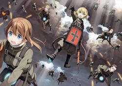  2girls 6+boys absurdres ahoge aqua_eyes arm_up belt black_footwear black_gloves blonde_hair boots brown_hair character_request cloud cloudy_sky eyebrows flying gloves gun highres holding holding_weapon kantoku matheus_johann_weiss military military_uniform mondragon_rifle multiple_boys multiple_girls open_mouth rhiner_neumann rifle scan short_hair sky sunlight tanya_degurechaff teeth uniform viktoriya_ivanovna_serebryakov warren_grantz weapon wilibald_koenig youjo_senki zipper 