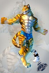  bulge claws clothed clothing felid fur green_eyes hi_res long_tail male mammal muscular muscular_male orange_body orange_fur pantherine pink_nose shynjy skimpy solo spandex speedo swimwear tail tallyhawk tallyhawk_(tallyhawk) tiger tight_clothing white_body white_fur 