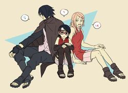  1boy 2girls black_hair boruto:_the_movie cloak emu_(losspass) facial_mark family father_and_daughter fingerless_gloves forehead_mark glasses gloves husband_and_wife mother_and_daughter multiple_girls naruto pink_hair sakura_haruno short sleeveless speech_bubble toeless_legwear uchiha_sarada uchiha_sasuke 