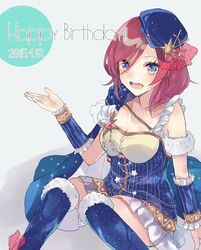  :d aries_(symbol) bad_id bad_pixiv_id blue_eyes breasts cape cleavage constellation_costume dated detached_sleeves dress female happy_birthday hat jewelry kneehighs love_live! love_live!_school_idol_project medium_breasts nishikino_maki open_mouth print_headwear red_hair short_hair sitting smile socks solo star_(symbol) star_print starry_sky_print ultone_(neisiss) 