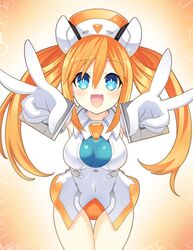  :d armpits blue_eyes blush breasts commentary_request covered_navel cowboy_shot double_v female gloves hair_between_eyes hat highres leotard long_hair looking_at_viewer medium_breasts neptune_(series) open_mouth orange_hair orange_heart_(neptunia) power_symbol power_symbol-shaped_pupils shin_jigen_game_neptune_vii sidelocks skin_tight smile solo symbol-shaped_pupils thigh_gap twintails v very_long_hair white_gloves zero_(ray_0805) 