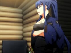  blue_eyes blue_hair breasts cleavage crossed_arms grisaia_(series) grisaia_no_kajitsu grisaia_no_rakuen highres jacket kusakabe_asako ponytail smile stitched 