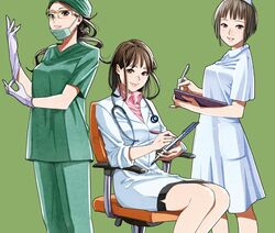  3girls breasts brown_eyes brown_hair chair clipboard commentary_request doctor glasses gloves green_background hat hayakawa_pao long_hair looking_at_viewer mask medical_scrubs medium_breasts mouth_mask multiple_girls nurse nurse_cap original pen short_hair short_sleeves simple_background sitting skirt smile stethoscope surgeon surgical_mask 