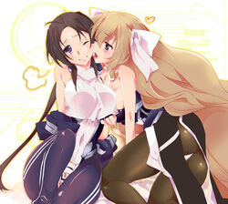  2girls aoi_kimi black_legwear bodysuit breasts brown_eyes brown_hair kyoukaisenjou_no_horizon mei_(abliss) multiple_girls oriotorai_makiko purple_eyes yuri 