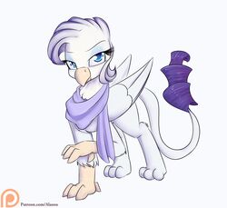  2016 alasou alternate_species avian beak blue_eyes feathered_wings feathers female feral friendship_is_magic gryphon gryphonification hasbro hi_res looking_at_viewer my_little_pony mythological_avian mythological_creature mythology rarity_(mlp) scarf simple_background solo tail tail_tuft tuft wings 