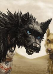  2018 aurru black_body black_fur black_nose blue_eyes boss_(isle_of_dogs) canid canine canis chief_(isle_of_dogs) day detailed_background digital_media_(artwork) domestic_dog feral fur group isle_of_dogs mammal open_mouth outside rex_(isle_of_dogs) sky teeth 