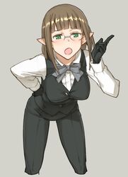  :o black_gloves breasts brown_hair commentary_request cowboy_shot cropped_legs dungeon_ni_deai_wo_motomeru_no_wa_machigatteiru_darou_ka eina_tulle elf female formal glasses gloves green_eyes grey_background leaning_forward legs_apart looking_at_viewer medium_breasts open_mouth pant_suit pants pointing pointy_ears shoe-ji short_hair solo standing straight_hair suit vest 