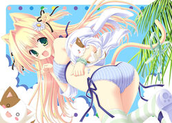  animal_ears beach bikini blonde_hair blush cat_ears cat_tail daisy feline female flower green_eyes hair_intakes hood hoodie laughing long_hair nekoneko off_shoulder original photoshop_(medium) rabbit_ears ribbon solo striped_clothes striped_thighhighs swimsuit tail tail_ornament tail_ribbon thighhighs very_long_hair 