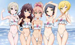  5girls armpits arms_up bikini black_eyes black_hair blonde_hair blue_eyes blush bow breasts brown_eyes brown_hair cleavage commentary_request crop_top crop_top_overhang earrings green_eyes hairbow hayami_kanade highres ichinose_shiki idolmaster idolmaster_cinderella_girls idolmaster_cinderella_girls_starlight_stage jewelry jougasaki_mika lipps_(idolmaster) long_hair looking_at_viewer medium_breasts midriff miyamoto_frederica multiple_girls navel one_eye_closed parted_bangs pink_hair shiomi_syuko short_hair small_breasts smile swimsuit thigh_gap vzmk2 yellow_eyes 