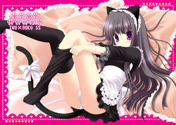  animal_ears apron bed black_hair cat_ears cat_tail female frilled_pillow frills inu_x_boku_ss long_hair maid maid_apron maid_headdress nekoneko panties photoshop_(medium) pillow pulling purple_eyes ribbon shirakiin_ririchiyo solo tail tail_ornament tail_ribbon thighhighs underwear white_panties 