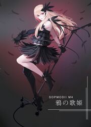  absurdres alternate_costume asymmetrical_gloves asymmetrical_legwear bare_shoulders black_camisole black_feathers black_legwear black_skirt blush bracelet camisole character_name commentary_request elbow_gloves feather-trimmed_gloves feather-trimmed_shoes feather_hair_ornament feathers female floating_hair girls&#039;_frontline gloves hair_between_eyes hair_ornament high_heels highres holding holding_microphone holding_microphone_stand jewelry layered_camisole layered_skirt leg_up long_hair looking_at_viewer m4_sopmod_ii_(girls&#039;_frontline) microphone microphone_stand midriff multicolored_hair oerba_yun_fang open_mouth pink_hair red_eyes red_hair sidelocks single_thighhigh skirt smile solo streaked_hair thighhighs thighs uneven_gloves uneven_legwear white-smile 