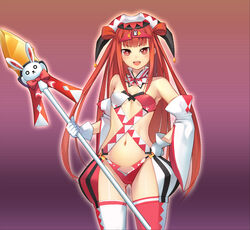  :d beatmania_iidx blush breasts commentary_request cowboy_shot detached_sleeves female gloves gradient_background hand_on_own_hip holding holding_weapon km_(km517) long_hair looking_at_viewer navel open_mouth outline photoshop_(medium) polearm red_eyes red_hair small_breasts smile solo spear thighhighs umegiri_ameto v-shaped_eyebrows very_long_hair weapon white_gloves 