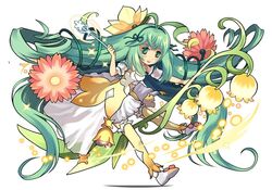  :d absurdly_long_hair ahoge alraune_(p&amp;d) bad_link blush detached_sleeves dress female flower full_body green_eyes green_hair green_ribbons hair_ribbon holding lily_of_the_valley long_hair monster_girl official_art open_mouth pink_flower plant_girl puzzle_&amp;_dragons ribbon short_sleeves simple_background smile solo suzuki_kaori thighhighs very_long_hair wand white_background yellow_flower yellow_thighhighs 