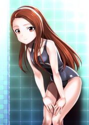  brown_eyes brown_hair commentary_request female hairband highres idolmaster idolmaster_(classic) long_hair minase_iori muhi11234 name_tag old_school_swimsuit one-piece_swimsuit school_swimsuit solo swimsuit tile_wall tiles 