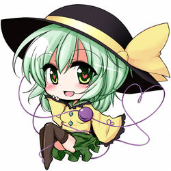  bakko black_thighhighs blush bow chibi commentary_request female green_eyes green_hair hat hat_bow heart heart-shaped_pupils heart_of_string komeiji_koishi solo symbol-shaped_pupils thighhighs third_eye touhou white_background 