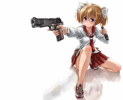  aiming blonde_hair bow commentary_request female flashlight gun hairbow handgun hidan_no_aria hidan_no_aria_aa highres holding holding_gun holding_weapon m1911 mamiya_akari morgan_(adfx01f) no_socks on_one_knee panties pantyshot purple_eyes school_uniform serafuku solo trigger_discipline twintails underwear weapon white_background white_panties 