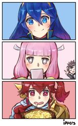  1boy 3girls anna_(fire_emblem) azama_(fire_emblem) blue_hair blush cape coin commentary drooling english_commentary father_and_daughter finger_to_mouth fire_emblem fire_emblem_awakening fire_emblem_fates fire_emblem_heroes gloves gold heart heart-shaped_pupils highres ippers long_hair looking_at_viewer lucina_(fire_emblem) mitama_(fire_emblem) multiple_girls open_mouth pink_hair ponytail red_eyes red_hair saliva short_hair simple_background smile star-shaped_pupils star_(symbol) symbol-shaped_pupils v yellow_eyes 