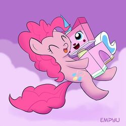  1:1 2016 blue_eyes closed_eyes cloud crossover cutie_mark domestic_cat duo earth_pony empyu equid equine eyelashes felid feline felis female feral friendship_is_magic fur hair happy hasbro horn horse hug hybrid lego lego_brick low_res mammal my_little_pony open_mouth pink_hair pinkie_pie_(mlp) pony the_lego_movie unikitty 