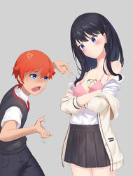  1boy bangs black_hair black_pants black_skirt blue_eyes blush bra breasts cardigan cleavage collarbone collared_shirt commentary_request couple crossed_arms eyebrows_visible_through_hair female grey_background hibiki_yuuta lisong_shen long_hair long_sleeves looking_at_another medium_breasts miniskirt necktie open_cardigan open_clothes pants pink_bra pleated_skirt red_hair red_neckwear school_uniform shirt short_sleeves skirt ssss.gridman straight sweatdrop sweater takarada_rikka thighhighs thighs underwear waistcoat white_cardigan white_shirt white_sweater wing_collar 