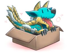  4:3 ambiguous_gender box canes-cm capcom claws container daww fanged_wyvern feral fur furred_scalie if_it_fits_i_sits_(meme) in_box in_container meme monster_hunter reptile scalie simple_background solo tongue white_background zinogre 