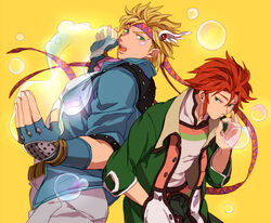  2boys azkn back-to-back bandana battle_tendency blonde_hair blowing_bubbles blue_coat blue_jacket bubble caesar_anthonio_zeppeli character_request coat commentary_request facial_mark fingerless_gloves gloves green_coat green_eyes green_jacket grey_pants hands_in_pockets headband jacket jojo_no_kimyou_na_bouken kakyoin_noriaki looking_at_another multiple_boys open_mouth pants red_hair simple_background stardust_crusaders teeth yellow_background 