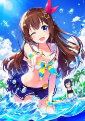  2girls ;d a-chan_(hololive) amagai_tarou ankimo_(tokino_sora) beach bikini bikini_top_only black_bikini blue_bow blue_eyes blue_skirt blue_sky bow breast_envy breasts brown_hair cleavage collarbone commentary_request day floating_hair hair_flaps hair_ornament hair_ribbon hairbow hairclip head_tilt hololive innertube lens_flare long_hair looking_at_viewer medium_breasts miniskirt multiple_girls navel one_eye_closed open_mouth outdoors outstretched_arms palm_tree pleated_skirt red_ribbon ribbon sailor_bikini sailor_collar skirt sky smile solo_focus standing star_(symbol) star_hair_ornament stomach sunlight swim_ring swimsuit tokino_sora tokino_sora_(hololive_summer_2019) tree very_long_hair virtual_youtuber wading water white_bikini white_sailor_collar wrist_cuffs 