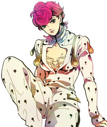  artist_request bruno_bucciarati bruno_bucciarati_(cosplay) cleavage_cutout clothing_cutout cosplay female green_eyes jojo_no_kimyou_na_bouken lowres pink_hair short_hair solo trish_una vento_aureo 