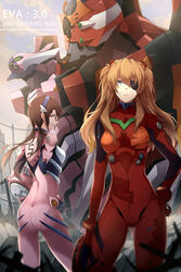  2girls blue_eyes bodysuit brown_hair commentary english_text evangelion:_3.0_you_can_(not)_redo evangelion_(mecha) extra_eyes eyepatch glasses hair_between_eyes hair_ornament hairband highres kiyo_(chaoschyan) long_hair looking_at_viewer makinami_mari_illustrious mecha multiple_girls neon_genesis_evangelion orange_hair pink_bodysuit plugsuit rebuild_of_evangelion robot science_fiction shiny_clothes smile souryuu_asuka_langley standing symbol-only_commentary twintails 