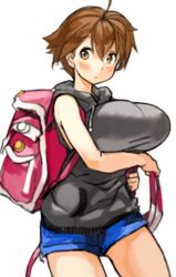  ahoge backpack bag blue_shorts blush breast_hold breasts brown_eyes brown_hair commentary_request cowboy_shot denim denim_shorts female hood hoodie large_breasts perky_breasts sachito short_hair shorts simple_background sleeveless sleeveless_hoodie solo umihara_kawase umihara_kawase_(character) white_background 