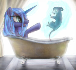  2016 absurd_res american_opossum bathtub blue_hair claw_foot_bathtub curtains duo equid equine female feral friendship_is_magic hair hasbro hi_res horn inside levitation magic mammal marsupial my_little_pony mythological_creature mythological_equine mythology open_mouth pink_nose plotcore princess_luna_(mlp) tiberius_(mlp) unicorn virginia_opossum 