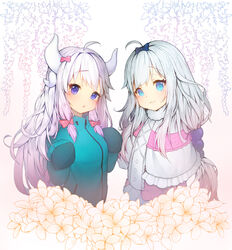  2girls bad_id bad_pixiv_id blue_eyes bow cosplay costume_switch crossover dragon_girl dragon_horns eromanga_sensei hairbow horns izumi_sagiri izumi_sagiri_(cosplay) jacket kanna_kamui kanna_kamui_(cosplay) kobayashi-san_chi_no_maidragon light_purple_hair long_hair look-alike looking_at_viewer multiple_girls photoshop_(medium) pink_bow purple_eyes sleeves_past_wrists tp_(kido_94) white_hair 