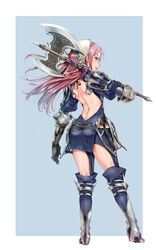  armor ass axe boots cherche_(fire_emblem) commentary_request dragon female fire_emblem fire_emblem_awakening gloves hairband helswath highres long_hair looking_at_viewer pink_hair red_eyes red_hair smile solo thighhighs wasabi_(legemd) weapon 